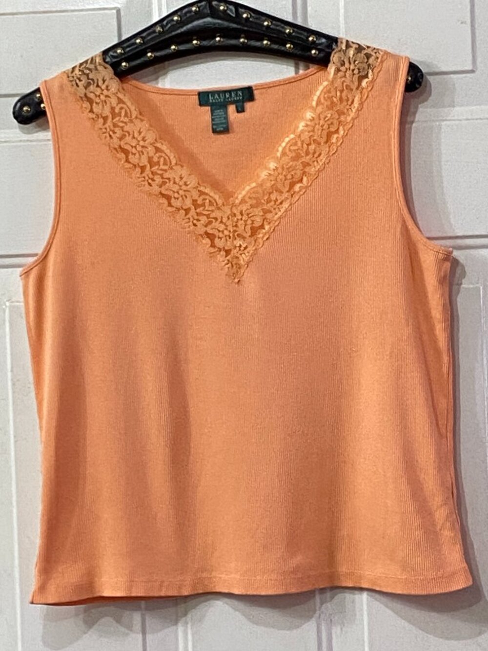 Lauren Ralph Lauren Sz L Womens Orange Rib Knit Tank V-Neck Trim Lace Cotton
